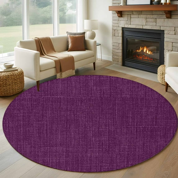 Round Rugs 5Ft, Purple Burlap Texture Round Area Rug Washable Indoor Throw Carpet, Farmhouse Vintage Purple Soft Non Slip Circle Rug for Cabinet Bathroom Home Decor Aesthetic