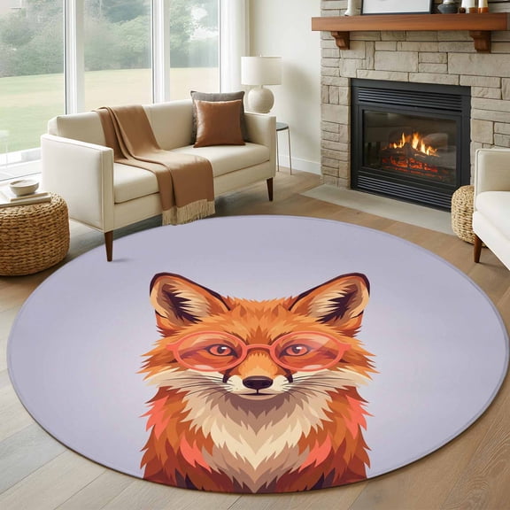 Round Rugs 5Ft, Purple Fox Round Area Rug Washable Indoor Throw Carpet, Funny Animals Modern Art Soft Non Slip Circle Rug for Cabinet Bathroom Home Decor Aesthetic