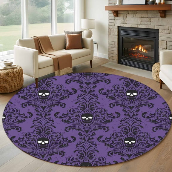 Round Rugs 5Ft, Purple Halloween Round Area Rug Washable Indoor Throw Carpet, Horror Spooky Skull Floral Vintage Soft Non Slip Circle Rug for Cabinet Bathroom Home Decor Aesthetic
