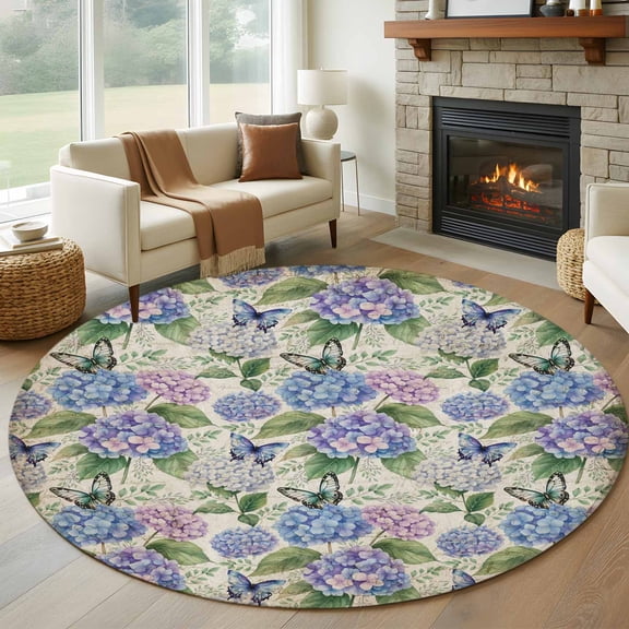Round Rugs 5Ft, Purple Hydrangea Round Area Rug Washable Indoor Throw Carpet, Spring Floral Elegant Pastoral Vintage Soft Non Slip Circle Rug for Cabinet Bathroom Home Decor Aesthetic