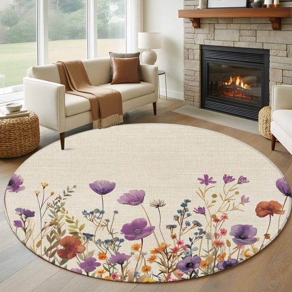 Round Rugs 5Ft, Purple Red Spring Floral Round Area Rug Washable Indoor Throw Carpet, Watercolor Botanical Summer Flowers Soft Non Slip Circle Rug for Cabinet Bathroom Home Decor Aesthetic