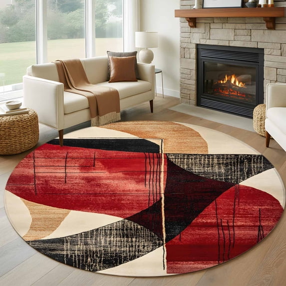 Round Rugs 5Ft, Red Black Abstract Round Area Rug Washable Indoor Throw Carpet, Vintage Artwork Beige Soft Non Slip Circle Rug for Cabinet Bathroom Home Decor Aesthetic