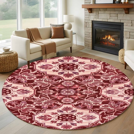 Round Rugs 5Ft, Red Boho Round Area Rug Washable Indoor Throw Carpet, Ethnic Tribal Abstract Traditional Floral Soft Non Slip Circle Rug for Cabinet Bathroom Home Decor Aesthetic
