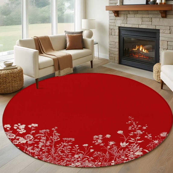 Round Rugs 5Ft, Red Botanical Round Area Rug Washable Indoor Throw Carpet, Farmhouse Spring Summer Flower Soft Non Slip Circle Rug for Cabinet Bathroom Home Decor Aesthetic