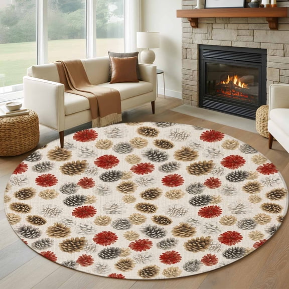 Round Rugs 5Ft, Red Brown Grey Christmas Round Area Rug Washable Indoor Throw Carpet, Xmas Pine Cones Rustic Soft Non Slip Circle Rug for Cabinet Bathroom Home Decor Aesthetic