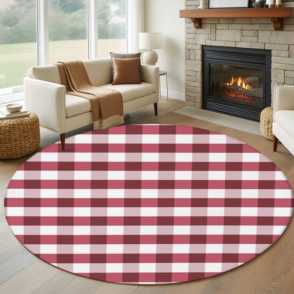 Round Rugs 5Ft, Red Checkered Round Area Rug Washable Indoor Throw Carpet, Farmhouse Red and White Buffalo Plaid Soft Non Slip Circle Rug for Cabinet Bathroom Home Decor Aesthetic