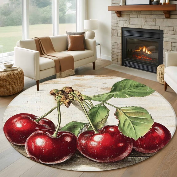 Round Rugs 5Ft, Red Cherry Round Area Rug Washable Indoor Throw Carpet, Vintage Summer Botanical Wooden Soft Non Slip Circle Rug for Cabinet Bathroom Home Decor Aesthetic