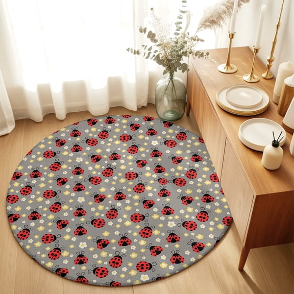 Round Rugs 5Ft, Red Ladybugs Round Area Rug Washable Indoor Throw Carpet, Farmhouse Country Animals Textured Grey Soft Non Slip Circle Rug for Cabinet Bathroom Home Decor Aesthetic