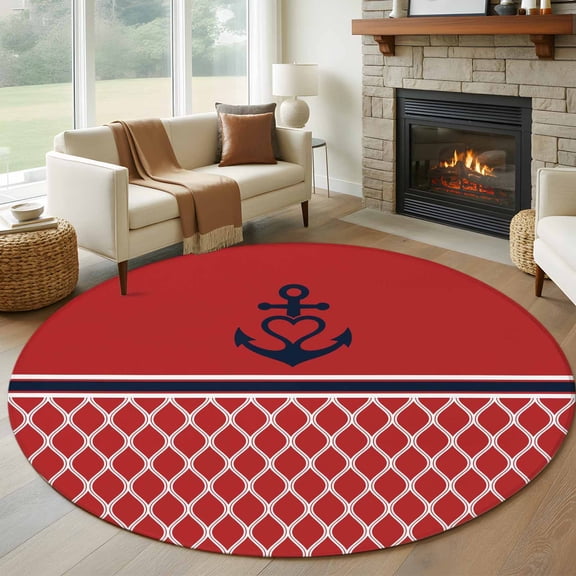 Round Rugs 5Ft, Red Morocco Round Area Rug Washable Indoor Throw Carpet, Ocean Nautical Anchor Stripe Geometric Soft Non Slip Circle Rug for Cabinet Bathroom Home Decor Aesthetic