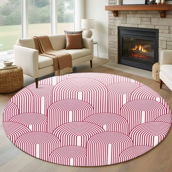 Round Rugs 5Ft, Red Ombre Round Area Rug Washable Indoor Throw Carpet, Farmhouse Stripes Modern Abstract Art Soft Non Slip Circle Rug for Cabinet Bathroom Home Decor Aesthetic