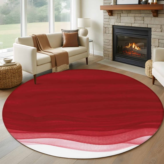 Round Rugs 5Ft, Red Ombre Waves Round Area Rug Washable Indoor Throw Carpet, Abstract Art Gradient Modern Soft Non Slip Circle Rug for Cabinet Bathroom Home Decor Aesthetic