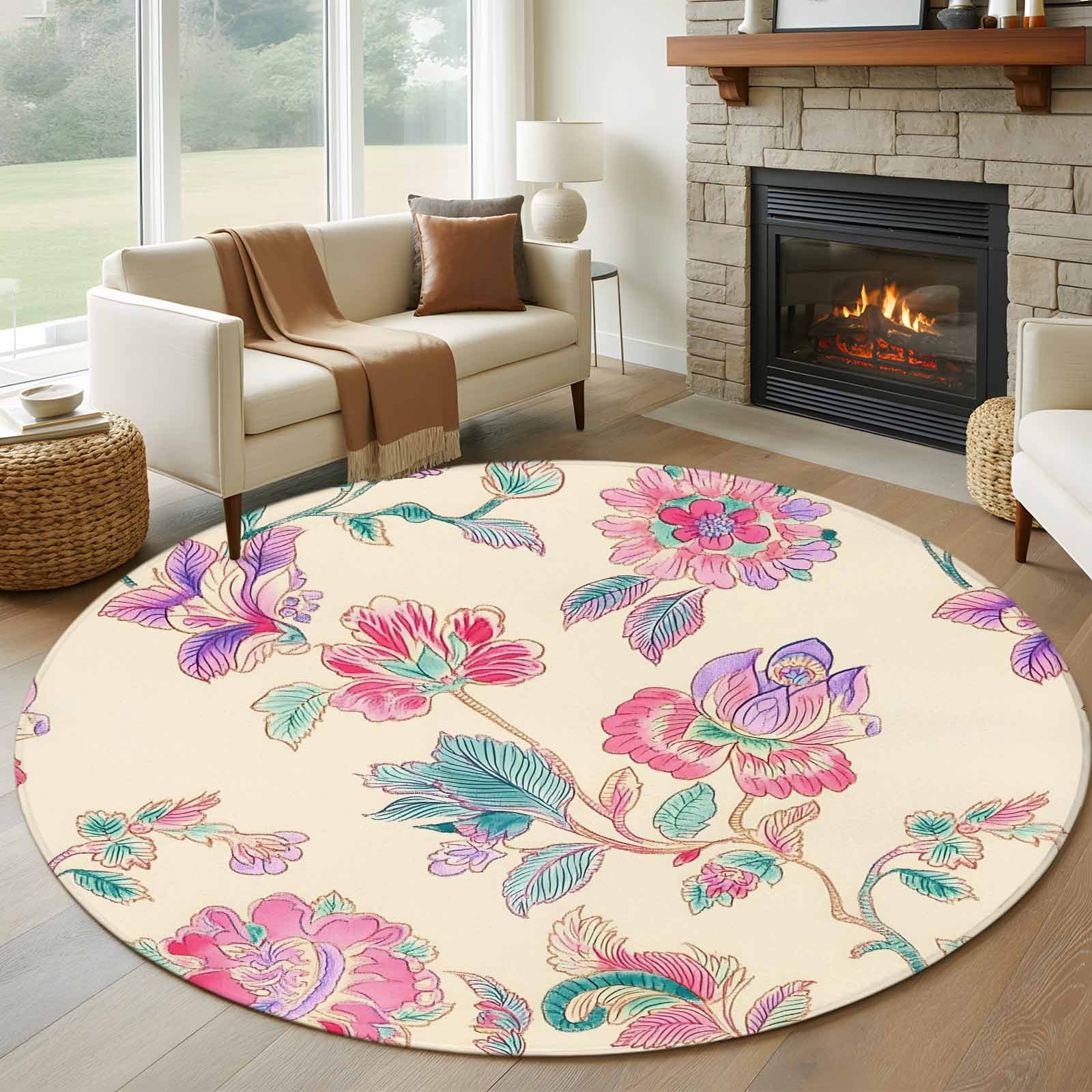 Round Rugs 5Ft, Retro Floral Round Area Rug Washable Indoor Throw ...