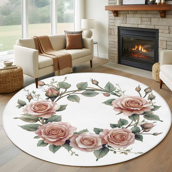 Round Rugs 5Ft, Retro Flower Round Area Rug Washable Indoor Throw Carpet, Pastoral Pastel Pink Rose Floral Leaf Soft Non Slip Circle Rug for Cabinet Bathroom Home Decor Aesthetic