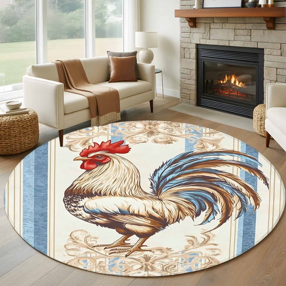 Round Rugs 5Ft, Retro Rooster Round Area Rug Washable Indoor Throw Carpet, Farmhouse Striped Watercolor Animals Soft Non Slip Circle Rug for Cabinet Bathroom Home Decor Aesthetic