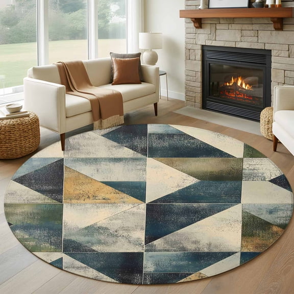 Round Rugs 5Ft, Rhombus Navy Blue Green Round Area Rug Washable Indoor Throw Carpet, Geometric Modern Abstract Soft Non Slip Circle Rug for Cabinet Bathroom Home Decor Aesthetic