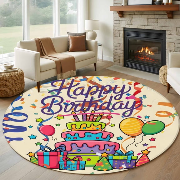 Round Rugs 5Ft, Ribbon Happy Birthday Round Area Rug Washable Indoor Throw Carpet, Cute Cake Balloon Colorful Soft Non Slip Circle Rug for Cabinet Bathroom Home Decor Aesthetic