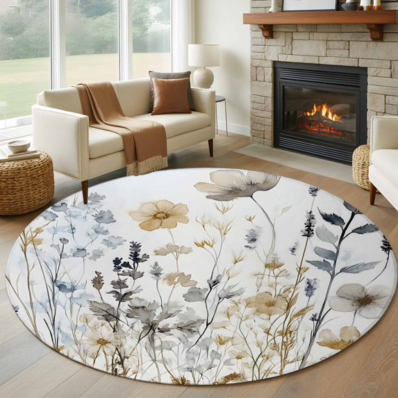 Round Rugs 5Ft, Rustic Flowers Round Area Rug Washable Indoor Throw Carpet, Watercolor Botanical Floral Herbs Plants Soft Non Slip Circle Rug for Cabinet Bathroom Home Decor Aesthetic
