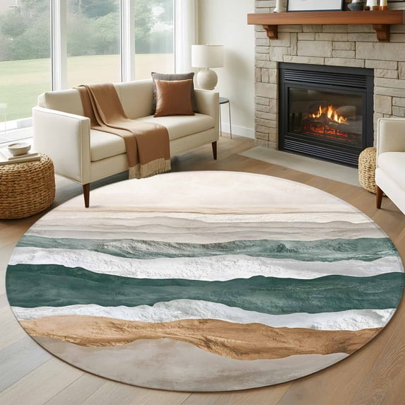 Round Rugs 5Ft, Sage Green Brown Ombre Round Area Rug Washable Indoor Throw Carpet, Modern Moire Abstract Wave Soft Non Slip Circle Rug for Cabinet Bathroom Home Decor Aesthetic