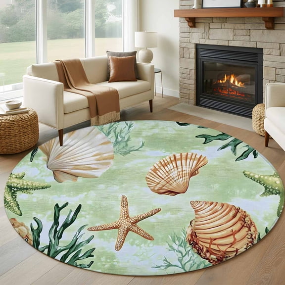 Round Rugs 5Ft, Sage Green Coastal Round Area Rug Washable Indoor Throw Carpet, Summer Ocean Starfish Shell Soft Non Slip Circle Rug for Cabinet Bathroom Home Decor Aesthetic