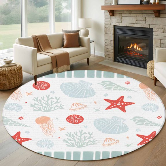 Round Rugs 5Ft, Sage Green Red Coastal Round Area Rug Washable Indoor Throw Carpet, Ocean Nautical Starfish Coral Striped Soft Non Slip Circle Rug for Cabinet Bathroom Home Decor Aesthetic