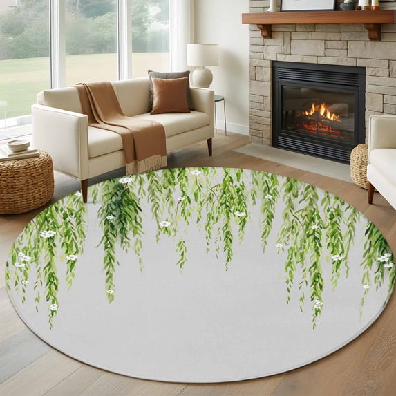 Round Rugs 5Ft, Sage Green Round Area Rug Washable Indoor Throw Carpet, Summer Botanical Leaves Watercolor Soft Non Slip Circle Rug for Cabinet Bathroom Home Decor Aesthetic