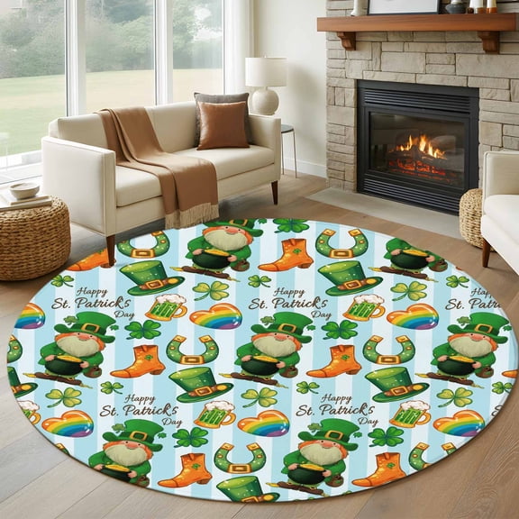 Round Rugs 5Ft, Saint Patrick's Day Round Area Rug Washable Indoor Throw Carpet, Gnomes Hat Boot Clovers Blue Stripes Soft Non Slip Circle Rug for Cabinet Bathroom Home Decor Aesthetic