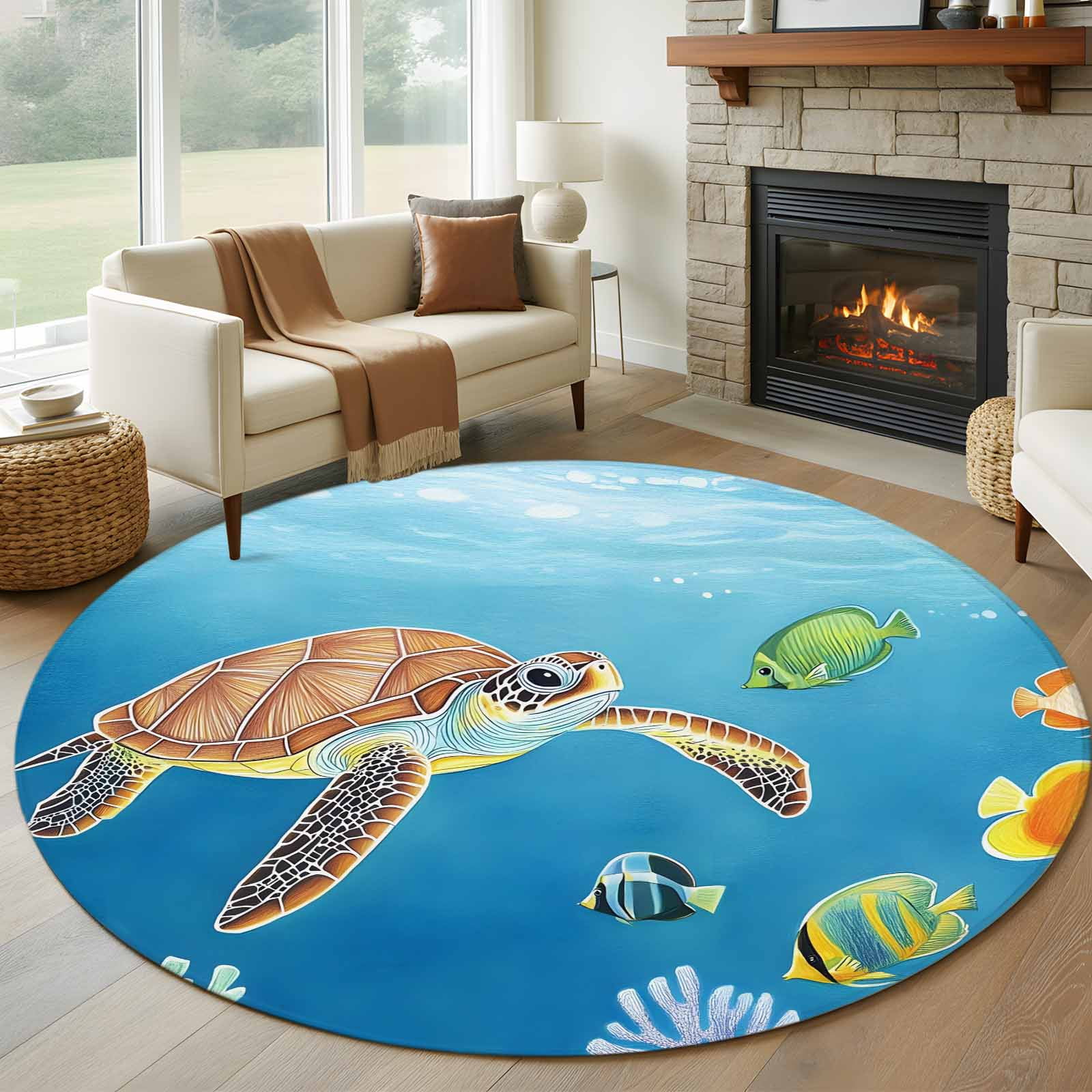 Round Rugs 5Ft, Sea Turtle Coastal Round Area Rug Washable Indoor Throw ...