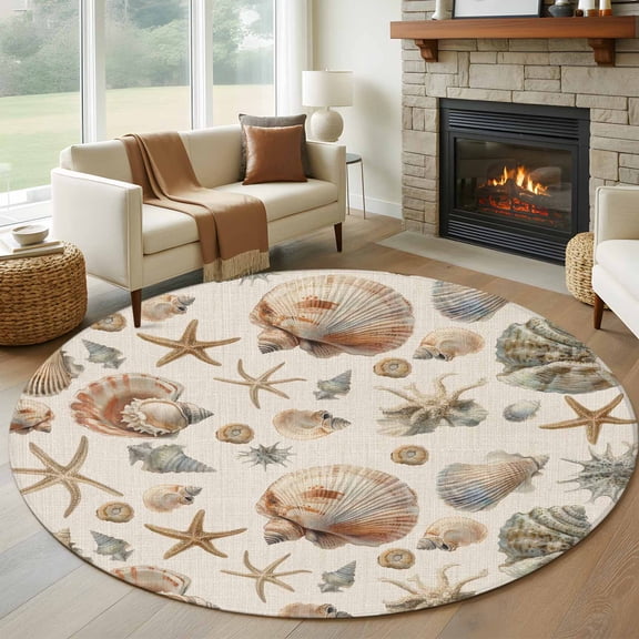 Round Rugs 5Ft, Seashell Coastal Round Area Rug Washable Indoor Throw Carpet, Summer Beach Ocean Starfish Burlap Soft Non Slip Circle Rug for Cabinet Bathroom Home Decor Aesthetic