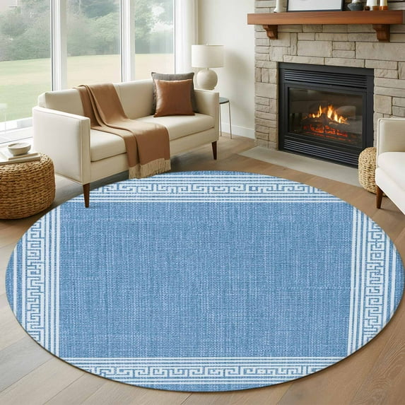 Round Rugs 5Ft, Sky Blue Retro Greek Key Round Area Rug Washable Indoor Throw Carpet, Geometric Greece Ancient Farmhouse Soft Non Slip Circle Rug for Cabinet Bathroom Home Decor Aesthetic