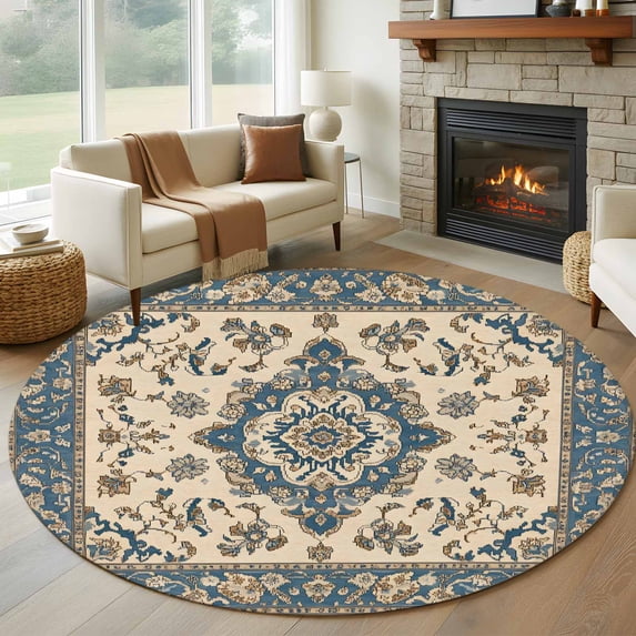 Round Rugs 5Ft, Southwestern Boho Blue Round Area Rug Washable Indoor Throw Carpet, Ethnic Geometric Rustic Soft Non Slip Circle Rug for Cabinet Bathroom Home Decor Aesthetic