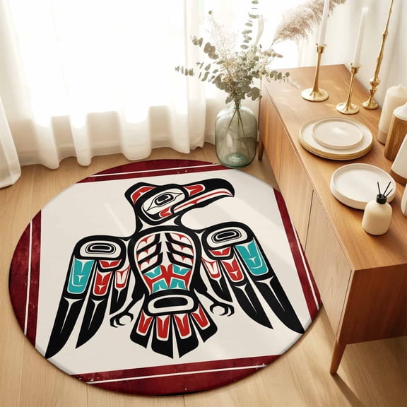 Round Rugs 5Ft, Southwestern Tribe Round Area Rug Washable Indoor Throw Carpet, Farmhouse Birds Chic Traditional Motifs Soft Non Slip Circle Rug for Cabinet Bathroom Home Decor Aesthetic