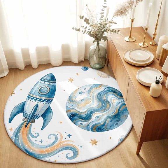 Round Rugs 5Ft, Space Rocket Round Area Rug Washable Indoor Throw Carpet, Modena Abstract Universe Stars Planet Soft Non Slip Circle Rug for Cabinet Bathroom Home Decor Aesthetic