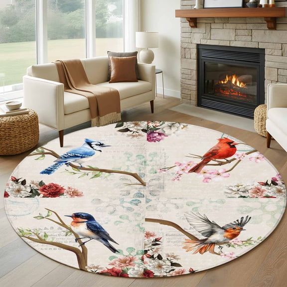 Round Rugs 5Ft, Spring Birds Floral Round Area Rug Washable Indoor Throw Carpet, Farmhouse Botanical Burlap Soft Non Slip Circle Rug for Cabinet Bathroom Home Decor Aesthetic