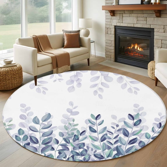 Round Rugs 5Ft, Spring Blue Eucalyptus Round Area Rug Washable Indoor Throw Carpet, Botanical Green Leaf Country Soft Non Slip Circle Rug for Cabinet Bathroom Home Decor Aesthetic