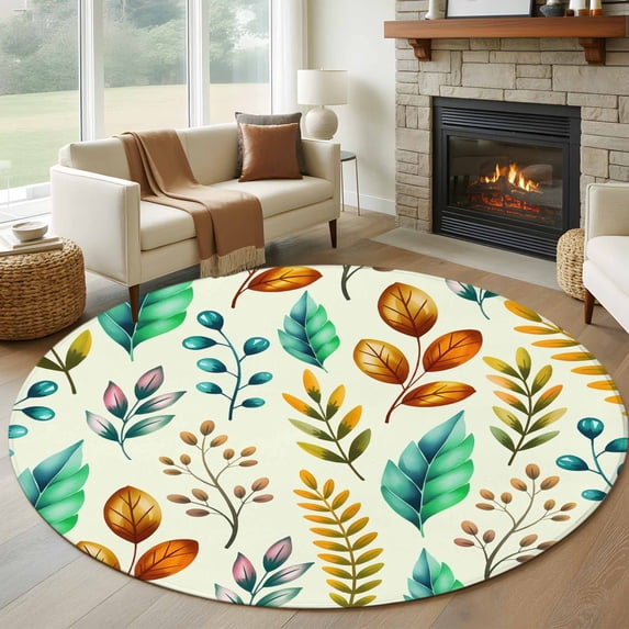 Round Rugs 5Ft, Spring Botanical Round Area Rug Washable Indoor Throw Carpet, Watercolor Leaves Floral Rustic Cream Soft Non Slip Circle Rug for Cabinet Bathroom Home Decor Aesthetic