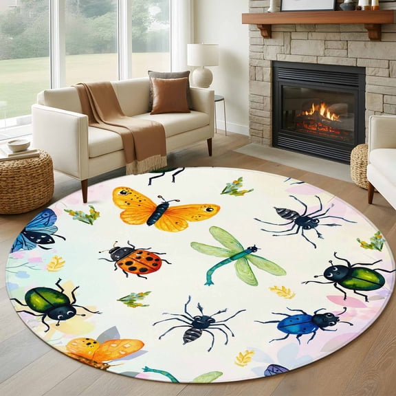 Round Rugs 5Ft, Spring Butterfly Dragonfly Round Area Rug Washable Indoor Throw Carpet, Botanical Floral Colorful Soft Non Slip Circle Rug for Cabinet Bathroom Home Decor Aesthetic