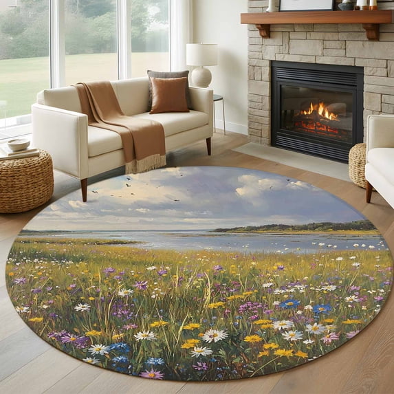 Round Rugs 5Ft, Spring Floral Round Area Rug Washable Indoor Throw Carpet, Botanical Farmhouse Modern Oil Painting Soft Non Slip Circle Rug for Cabinet Bathroom Home Decor Aesthetic