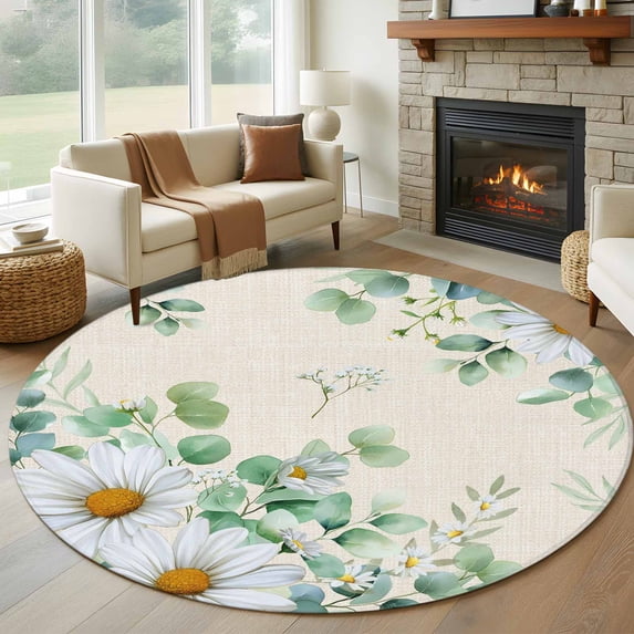 Round Rugs 5Ft, Spring Floral Round Area Rug Washable Indoor Throw Carpet, Daisy Eucalyptus Leaves Watercolor Rustic Soft Non Slip Circle Rug for Cabinet Bathroom Home Decor Aesthetic