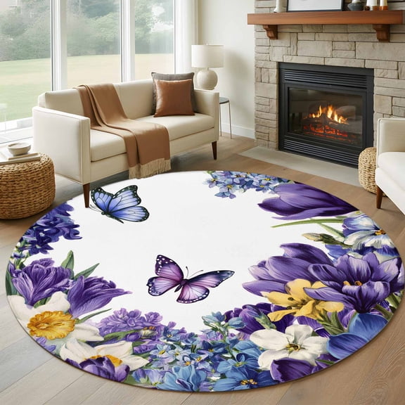 Round Rugs 5Ft, Spring Floral Round Area Rug Washable Indoor Throw Carpet, Purple Tulips Hydrangeas Butterflies Flowers Soft Non Slip Circle Rug for Cabinet Bathroom Home Decor Aesthetic