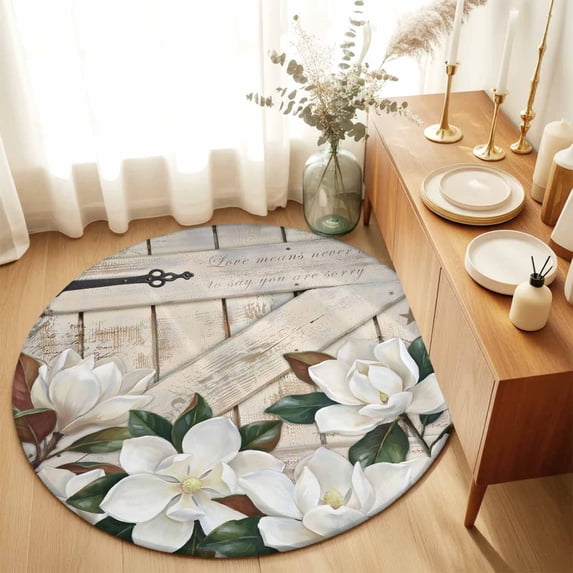 Round Rugs 5Ft, Spring Floral Round Area Rug Washable Indoor Throw Carpet, White Magnolia Flowers Barn Door Farmhouse Beige Soft Non Slip Circle Rug for Cabinet Bathroom Home Decor Aesthetic