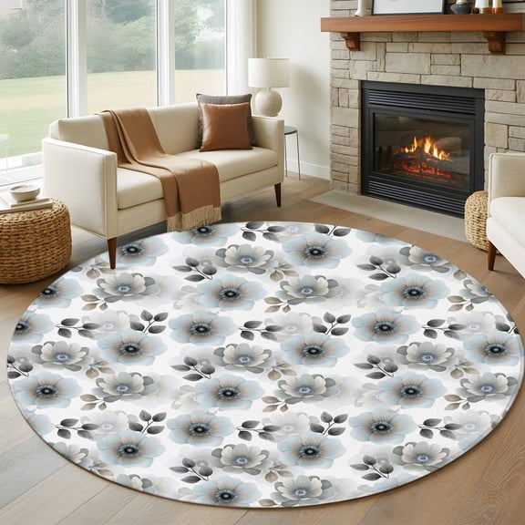 Round Rugs 5Ft, Spring Flowers Round Area Rug Washable Indoor Throw Carpet, Pastoral Pastel Floral Wildflower Leaf Soft Non Slip Circle Rug for Cabinet Bathroom Home Decor Aesthetic