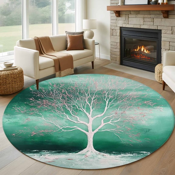 Round Rugs 5Ft, Spring Green Tree Round Area Rug Washable Indoor Throw Carpet, Botanical Plants Impressionist Painting Soft Non Slip Circle Rug for Cabinet Bathroom Home Decor Aesthetic
