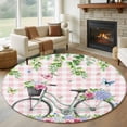 thumbnail image 1 of Round Rugs 5Ft, Spring Round Area Rug Washable Indoor Throw Carpet, Bicycles Leaves Butterfly Flowers Pink Buffalo Plaid Soft Non Slip Circle Rug for Cabinet Bathroom Home Decor Aesthetic, 1 of 8