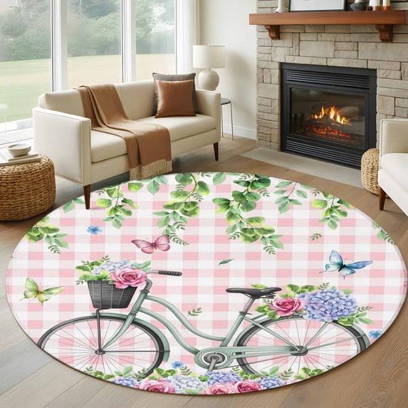 Round Rugs 5Ft, Spring Round Area Rug Washable Indoor Throw Carpet, Bicycles Leaves Butterfly Flowers Pink Buffalo Plaid Soft Non Slip Circle Rug for Cabinet Bathroom Home Decor Aesthetic