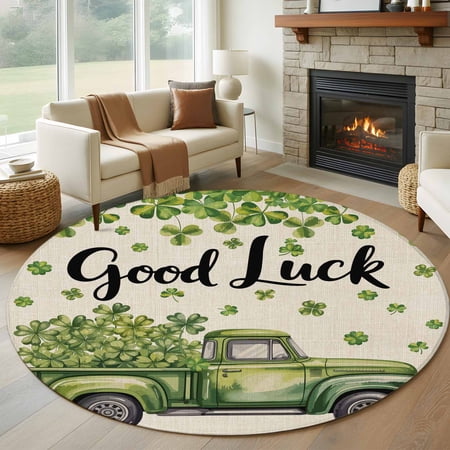 Round Rugs 5Ft, St Patrick's Day Shamrock Round Area Rug Washable Indoor Throw Carpet, Green Truck Lucky Four Leaf Beige Soft Non Slip Circle Rug for Cabinet Bathroom Home Decor Aesthetic
