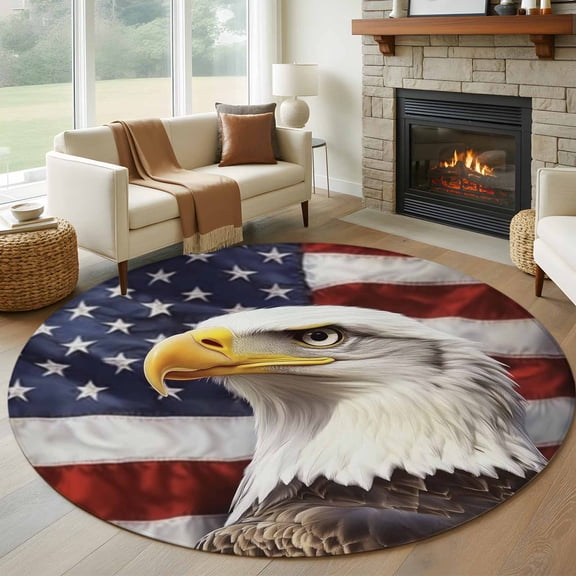Round Rugs 5Ft, Stars And Stripes Round Area Rug Washable Indoor Throw Carpet, Independence Day Eagle American Flag Soft Non Slip Circle Rug for Cabinet Bathroom Home Decor Aesthetic