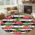 thumbnail image 1 of Round Rugs 5Ft, Striped Flamingo Round Area Rug Washable Indoor Throw Carpet, Pink Birds Green Palm Leaf Black White Soft Non Slip Circle Rug for Cabinet Bathroom Home Decor Aesthetic, 1 of 8