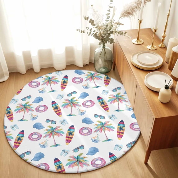 Round Rugs 5Ft, Summer Beach Round Area Rug Washable Indoor Throw Carpet, Colorful Surfboard Swim Ring Palm Tree Soft Non Slip Circle Rug for Cabinet Bathroom Home Decor Aesthetic