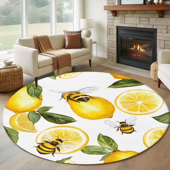 Round Rugs 5Ft, Summer Lemon Round Area Rug Washable Indoor Throw Carpet, Bee Green Botanical Yellow Fruits Soft Non Slip Circle Rug for Cabinet Bathroom Home Decor Aesthetic