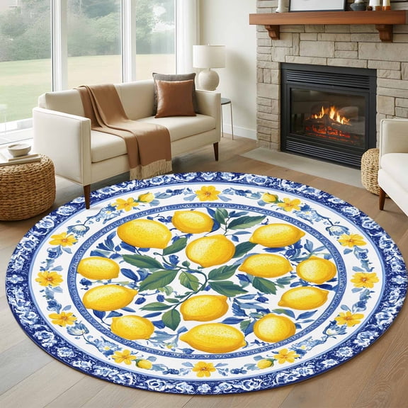 Round Rugs 5Ft, Summer Lemon Round Area Rug Washable Indoor Throw Carpet, Blue Floral Spring Botanical Vintage Soft Non Slip Circle Rug for Cabinet Bathroom Home Decor Aesthetic